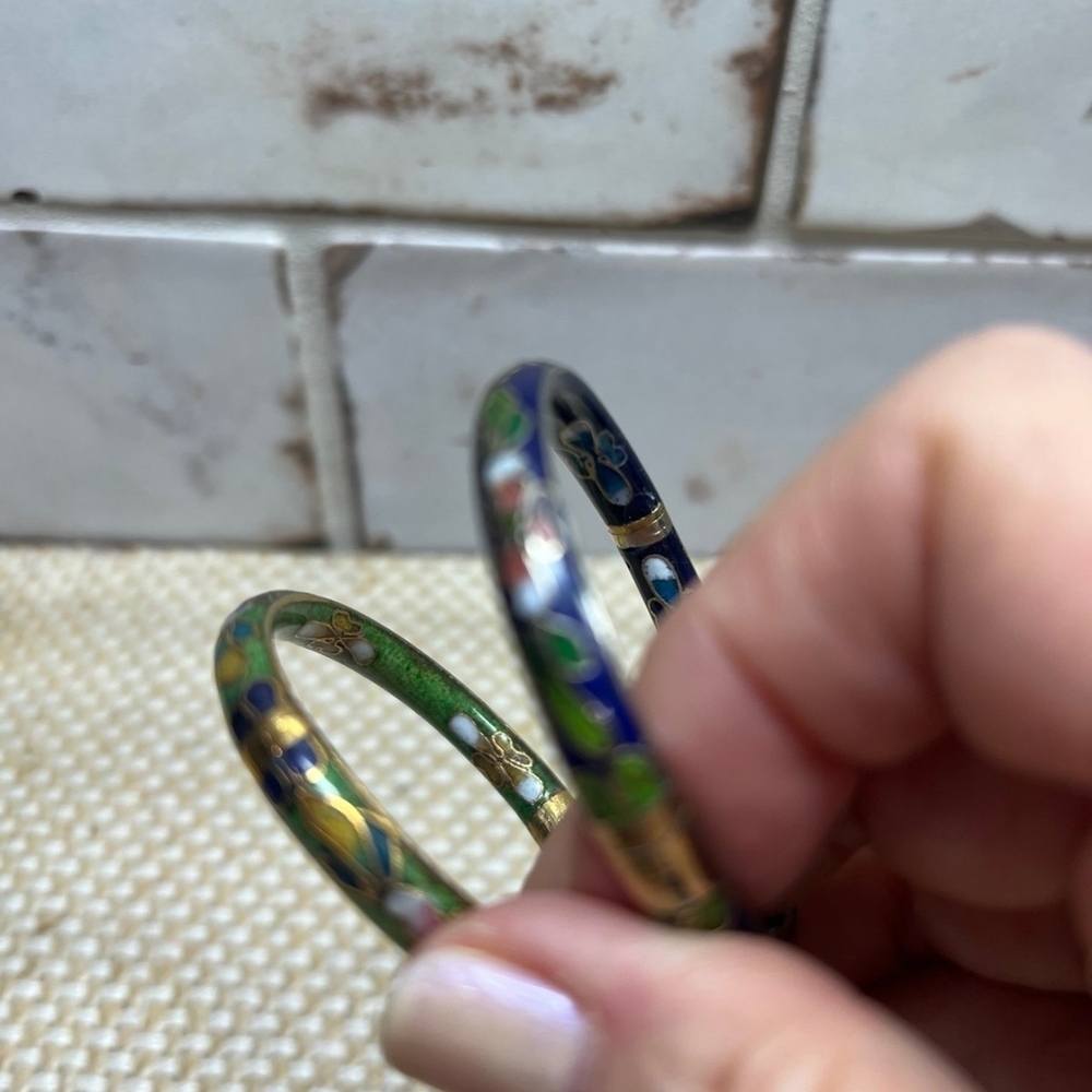 Floral Enamel Bangle Set - Green and Blue